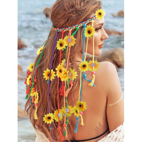 Sixexey Flower Headband Colorful Hippie Hair Band Long Tassel Headwear Summer beach Hawaii Hair Accessories for Women