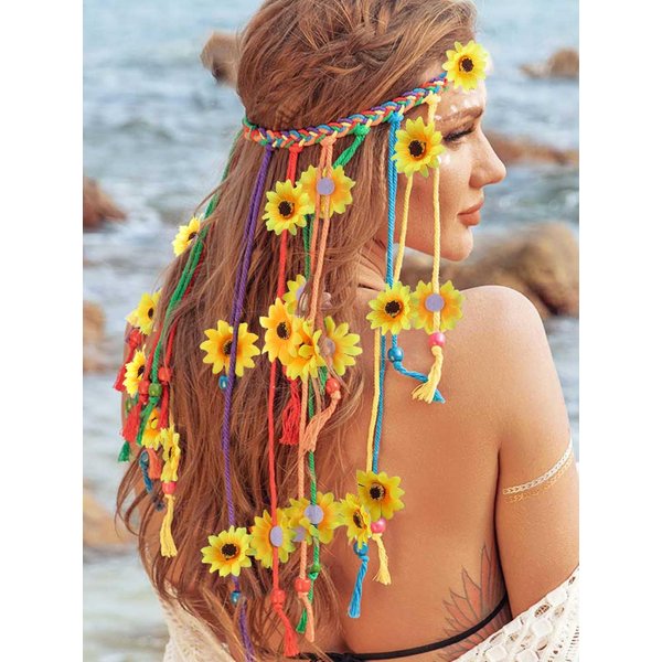 Sixexey Flower Headband Colorful Hippie Hair Band Long Tassel Headwear Summer beach Hawaii Hair Accessories for Women