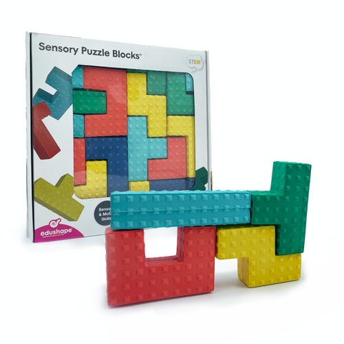 Edushape Sensory Puzzle Blocks - Set of 18 Colorful Textured Interlocking Construction Stacking Blocks - Baby Blocks for Sensory Play and Child Development - Baby Building Blocks for Toddlers 1-3