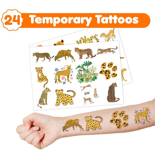 48 PCS Cheetah Party Favors 24PCS Tattoos Sticker and 24PCS Slap Bracelets Wristbands Perfect for Themed Birthday Baby Showers or Classroom Rewards Ideal Decor and Gifts for Girls and Boys