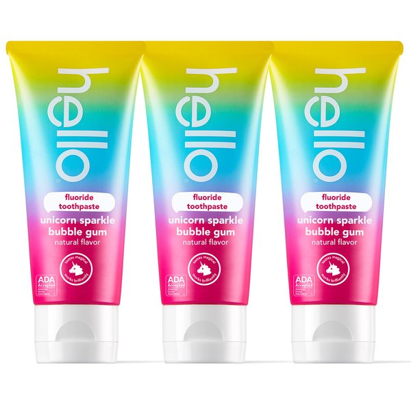 hello Unicorn Sparkle Kids Fluoride Toothpaste, Natural Bubble Gum Flavor, ADA Approved, Ages 2+, No Artificial Sweeteners, No SLS, Gluten Free, Vegan, Pack of 3, 4.2 oz Tubes