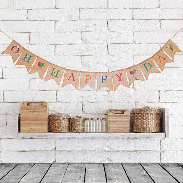 Sscon OH Happy Day Burlap Banner Rustic Burlap Party Banner Decoration for Birthday, Wedding, Baby Shower, Holiday, Graduation