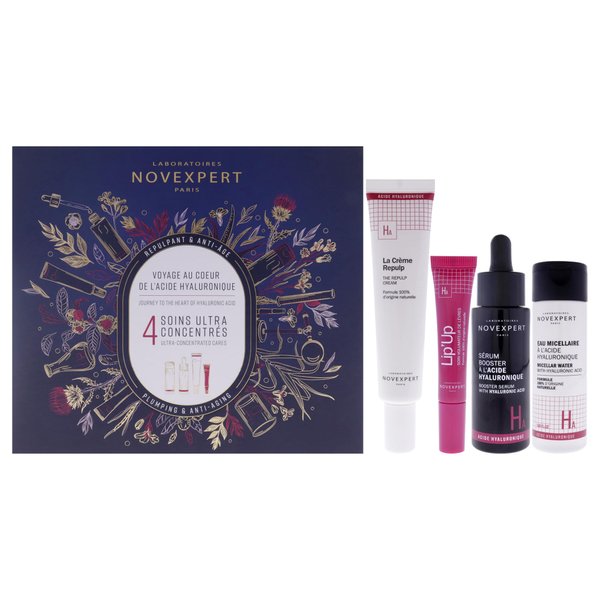 Novexpert Plumping and Anti-Aging Set for Women - 4 Pc 1.6oz Micellar Water with Hyaluronic, 1oz Hyaluronic Acid Booster Serum, 1.35oz The Repulp Cream, 0.27oz Plumping Lip Care