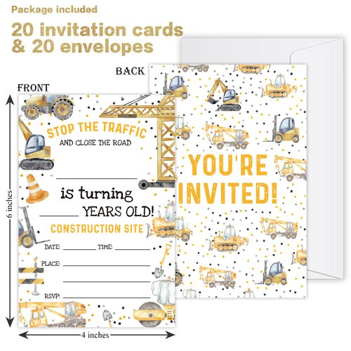20 Pcs Construction Birthday Party Invitations with Envelopes, Truck Party Invite, Birthday Party Invitation Cards for Girls Boys, Birthday Party Supplies - SR09