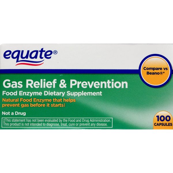 Equate Gas Relief & Prevention Food Enzyme Dietary Supplement, 100ct, Compare to Beano