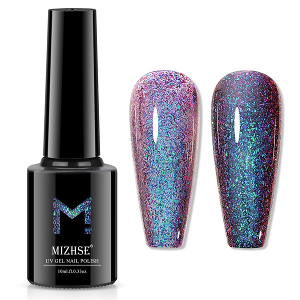 MIZHSE Holographic Glitter Gel Nail Polish Blue to Purple, Chameleon Magic Sequin Glossy Nail Art UV/LED Soak Off Manicure Set for Home Salon 10ml