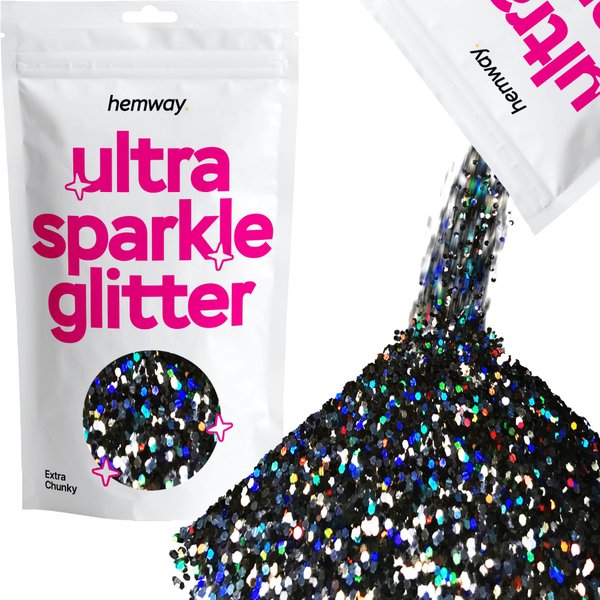 Hemway Premium Ultra Sparkle Glitter Multi Purpose Metallic Flake for Arts Crafts Nails Cosmetics Resin Festival Face Hair - Black Holographic - Extra Chunky (1/24" 0.040" 1mm) 100g / 3.5oz