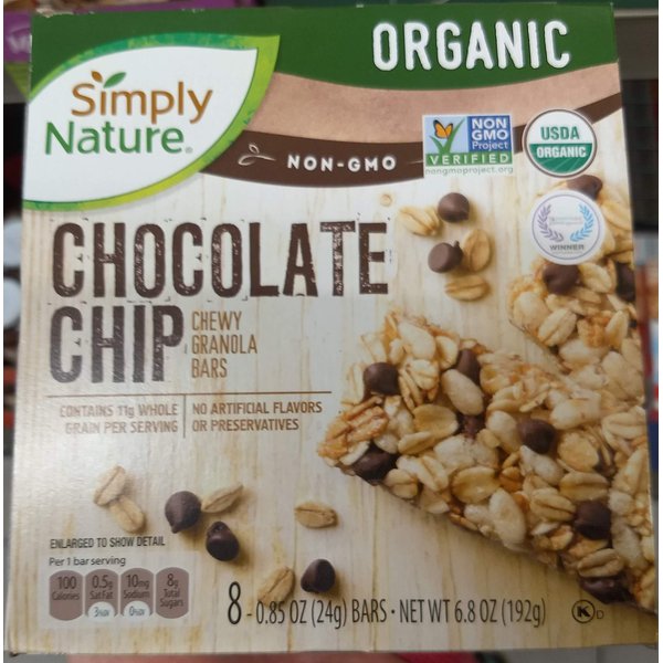 Simply Nature Organic Chocolate Chip Chewy Granola Bars 6.8oz(0.8oz x 8bars), Pack of 1