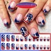24Pcs 4th of July Press on Nails with Fourth of July Design, Independence Day Manicure Art Acrylic Short Square Fake Nails Stick on Nails Glossy Sparkly French False Nails Gel Glue on Nail for Women