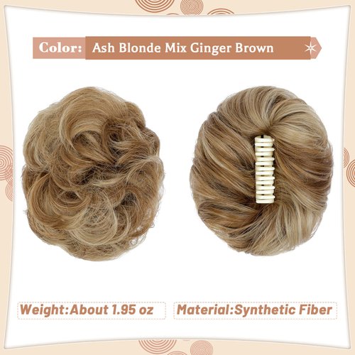 Leterly Messy Bun Hair Piece, Claw Clip Hair Bun Hairpieces Thick Updo Scrunchies Ponytail Hair Extensions Synthetic for Women Ash blonde mix Ginger Brown