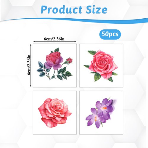 Temporary Tattoo, 50 PCS 3D Flower Tattoo Stickers Waterproof Butterfly Temp Tattoos Realistic Rose Peony Lavender Leaf Semi Permanent Fake Tattoos Watercolor Floral Body Art Stickers for Women Girls