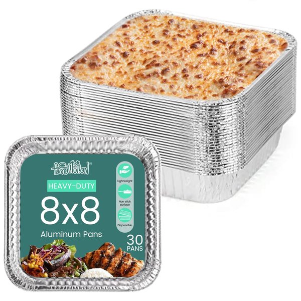 FUNSTITUTION Aluminum Foil Pans 8x8 Inches (30 Pack) - Tin Foil Pans with High Heat Conductivity - Disposable Aluminum Tray Cookware For Baking, Grilling, Cooking, Storing, Prepping