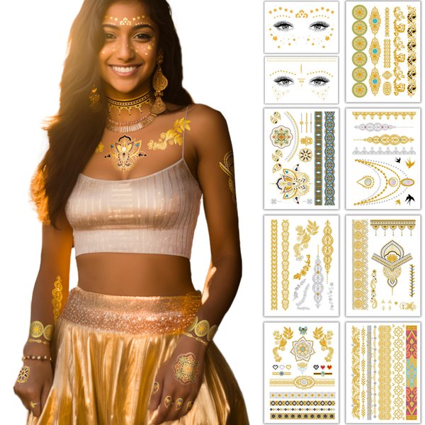Indian Metallic Temporary Tattoo Set, Bachelorette Gold Tattoos for Face & Body, 90+ Gold Henna Makeup Fake Tattoos for Women Girls Teens Kids Bride for Party Beach Festivals Cosplay Dates, 9 Sheets