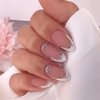 ANDGING French Tip Press on Nails Almond White Short Medium Fake Nails Gel Glue on Nails with Silver Line Striped Design Acrylic False Nails for Wedding 24Pcs Manicure Stick on Nail with Glue AJ58PO