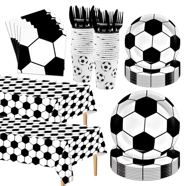 Poqirzan 146PCS Soccer Party Tableware Set Soccer Plates and Napkins Party Supplies Soccer Birthday Party Decorations Soccer Party Favor Soccer Tablecloth Plates Napkins Cups Forks Knives Serve 24