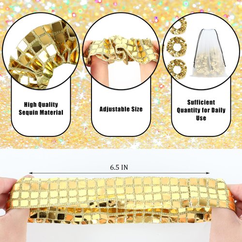 24 Pieces Disco Ball Hair Scrunchies Sequin Sparkly Hair Accessories for Women Gold Metallic Mirror Hair Bands Ties with Drawstring Bags for Disco Bachelorette Bridal Shower Party Favors