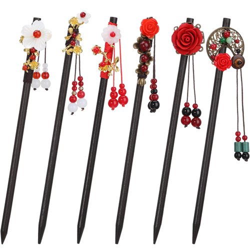 WILLBOND 6 Pcs Chinese Hair Chopsticks for Women Wooden Hair Accessories Japanese Floral Hair Sticks Retro Tassel Flower Vintage Hairpins Handmade Hair Pins for Girls Long Curly Hair(Vintage Pattern)