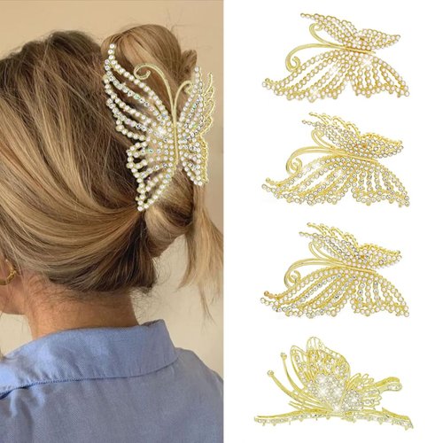 Yovic Fashion Rhinestone Butterfly Hair Clips Gold Bling Pearl Hair Claw Clip Sparkly Butterflies Hair Jaw Clips 1Pcs Hair Accessories for Women and Girls (Pearl Rhinestone Butterfly Clip)