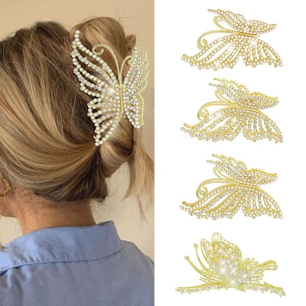 Yovic Fashion Rhinestone Butterfly Hair Clips Gold Bling Pearl Hair Claw Clip Sparkly Butterflies Hair Jaw Clips 1Pcs Hair Accessories for Women and Girls (Pearl Rhinestone Butterfly Clip)
