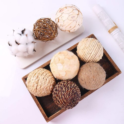 idyllic Decorative Balls for Bowls Natural Wicker 3 Inches Rattan Woven Twig Orbs, String and Cotton Balls Spherical Vase Fillers for Centerpieces - Bag of 8 Brown and White