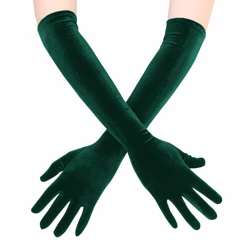 EORUBE Long Opera Gloves for Women Velvet Gloves 1920s Flapper Stretchy Elbow Length Halloween Costume Gloves (Dark Green)
