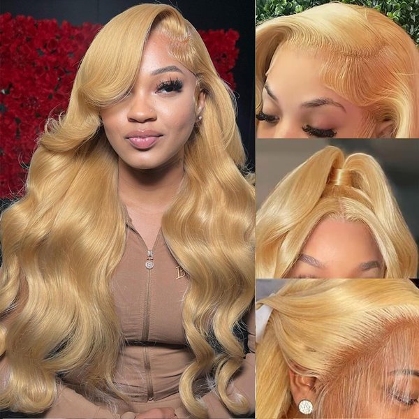 SOSATISFY Body Wave Honey Blonde Wig Human Hair 13x4 Honey Blonde HD Lace Front Wig Human Hair 200% Density 27# Colored Human Hair Wigs Pre Plucked with Baby Hair (18 inch)