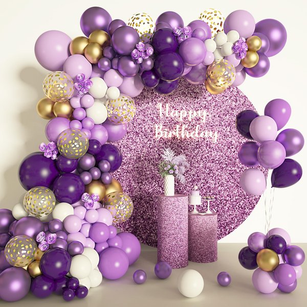 Amandir 150Pcs Purple Balloons Garland Arch Kit, Light Pastel Purple Gold White Balloons Confetti Latex Metallic Balloons for Women Birthday Baby Shower Wedding Party Decorations Supplies