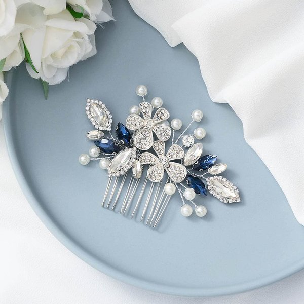 Catery Flower Bride Wedding Hair Comb Blue Crystal Side Combs Pearl Rhinestone Bridal Hair Piece Headpiece Wedding Hair Accessories for Women and Girls 