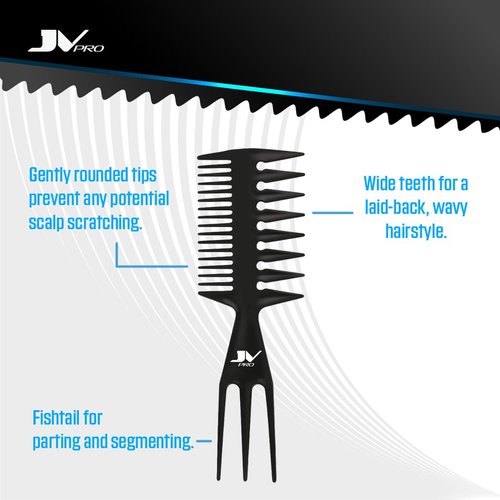 JV PRO Wide Tooth Comb with Ergonomic Texture Comb Design for Effortless Detangling and Styling - Ideal Teasing Comb for Curly, Thick, and Textured Hair Types (Black)
