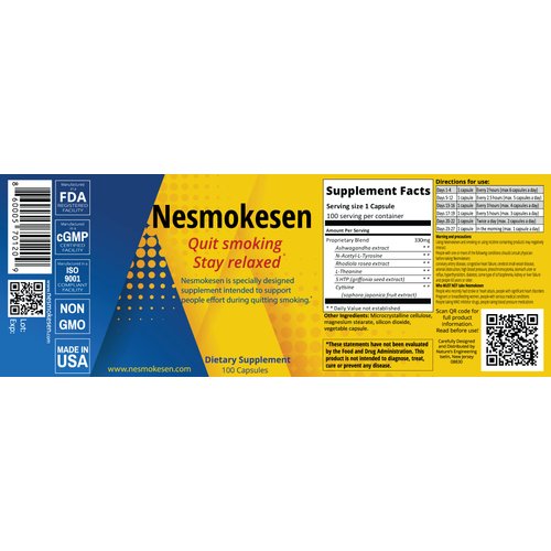 Nesmokesen - Quit Smoking Stay Relaxed, (100 Capsules / 27 Days Supply) Made in The USA
