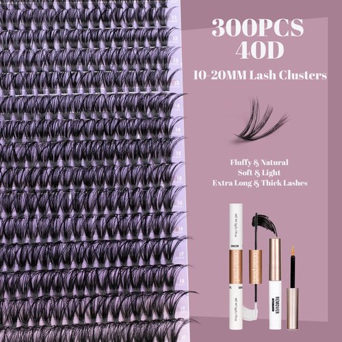 Ocean Pearl Lash Clusters 10-20mm 40D 300PCS Lash Clusters Kit DIY Lash Extension Kit Individual Lashes Natural Lashes Fluffy Eyelashes Eyelash Extension Kit with Lash Bond+Seal+Remover+Tweezer-40D