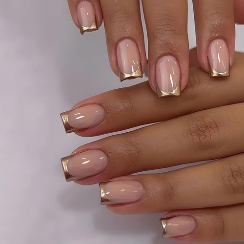 24 Pcs Gold French Tip Press on Nails Short Square Fake Nails with Glossy French Tip False Nails Glue on Nails Golden French Artificial Nails Decoration for Women Nail Art Design