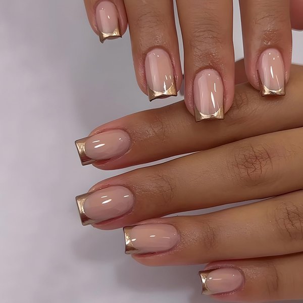 24 Pcs Gold French Tip Press on Nails Short Square Fake Nails with Glossy French Tip False Nails Glue on Nails Golden French Artificial Nails Decoration for Women Nail Art Design