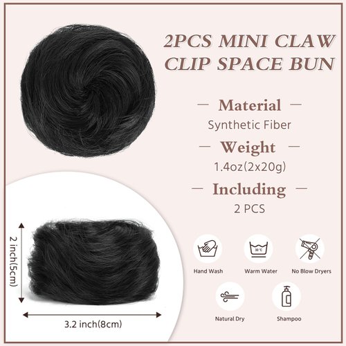 BOGSEA 2PCS Space Buns Hair Pieces,Mini Claw Clip in Hair Bun Hair Pieces Synthetic Scrunchies Princess Leia Buns Hair Extension Space Buns Clip in Hair Pieces for Women (Black)