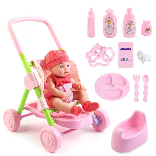 deAO Baby Doll Stroller Set,12 inch Doll Playset with Smooth Rolling 11Pcs Baby Doll Accessories - Great Baby Doll Pretend Toy for 3 4 5 Girls