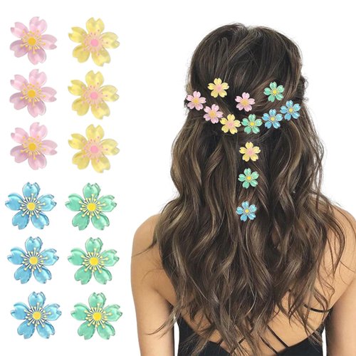 Paderison 12Pcs Small flower Hair Clips for Girls Mini CherryFlower Claw Clips for Thick Thin Hair Sparkling Cute Hair Barrettes for Sweet Girls Hair Accessories for Women Children