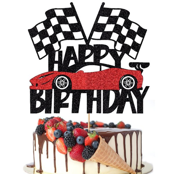 Crseniny Happy Birthday Cake Topper，Race Car Cake Topper, Birthday Sign Transportation Theme Party cake Decorations,Racing Car Checkered Flag Themed Kids Boy Girl Birthday Party Decoration supplies