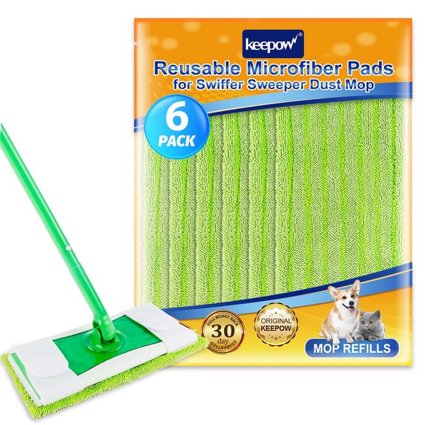 KEEPOW Microfiber Reusable Mop Pads Refill Compatible with Swiffer Sweeper, Wet Mopping Cloth & Dry Sweeping Cloth, Mop Pad Refills for Multi Surface Floor Mopping Sweeping and Cleaning, 6 Pack
