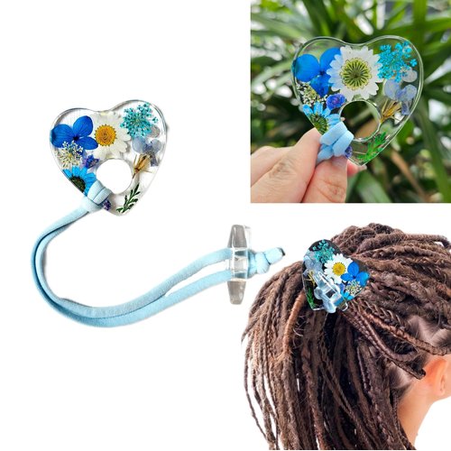 Nutty Natte Handmade knotted Elastic Hair Tie for Dreadlock Crystal Eco Resin Real Flower Ouija Pointer, Embedded Ponytail Holders Loc Hair Accessories for Women Men Thick Hair (Blue)