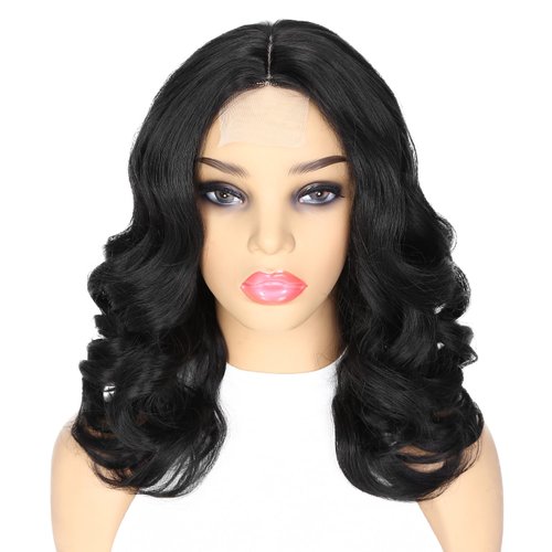WIGER Short Wavy Wigs for Women Black Body Wave Hair Wig 16 Inch Middle Part Shoulder Length Short Bob Wigs Loose Wave Hair Synthetic Curly Wig for Daily or Party