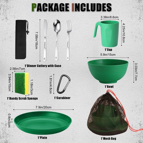 Scout Camping Mess Kit for 1 Person Boy Scout Dishes Set Girl Scout Mess Kit with Mesh Bag Reusable Light Weight Eating Utensils Plastic BPA Free Camping Cutlery Set for Travel Camp (Green)