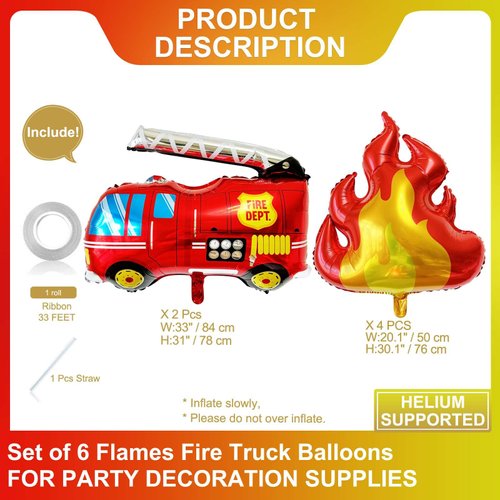 6 Pcs Fire Balloons Flame Balloons Fire Truck Balloons for Firefighter Party Favors Firefighting Theme Kids Birthday Party Decoration Supplies