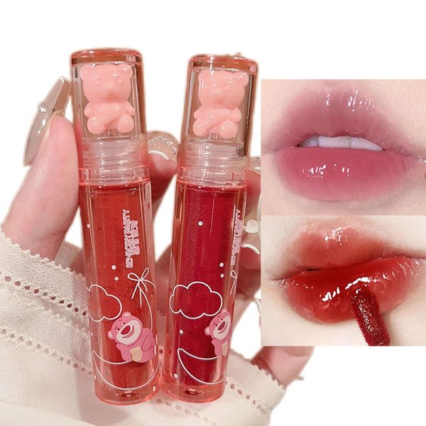 Etuanxi 2Pcs Bear Lip Glaze Jelly Lipstick,Liquid Lipstick Cute Bear Lipgloss Waterproof Long Lasting Cheek Rouge Tint Cosmetics Bear Beauty Makeup Moisturizing Lip Stain Plumping Water Lip Gloss