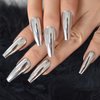 Super Long Shiny Punk Style Silver Coffin Ballerina Press on False Nails Metallic Acrylic Nails Reflective Mirror Nail Art Tips for party show
