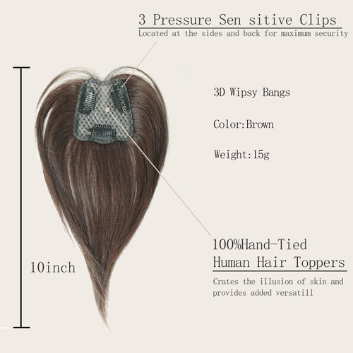VIJIGIA Hair Toppers for Women Real Human Hair, 10 inch 3D Wipsy Bangs Women Hair Toppers for Thinning Hair, Clip in Hair Topper Top Hair Extensions, Standard Base 2.5"x3", Brown