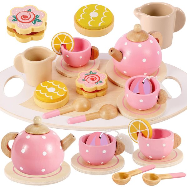 BUYGER Pretend Play Princess Tea Party Set for 3 4 5 6 + Year Old Wooden Kitchen Play Food Accessories Sets Gifts for Toddler Little Girls Boys Age 3-5