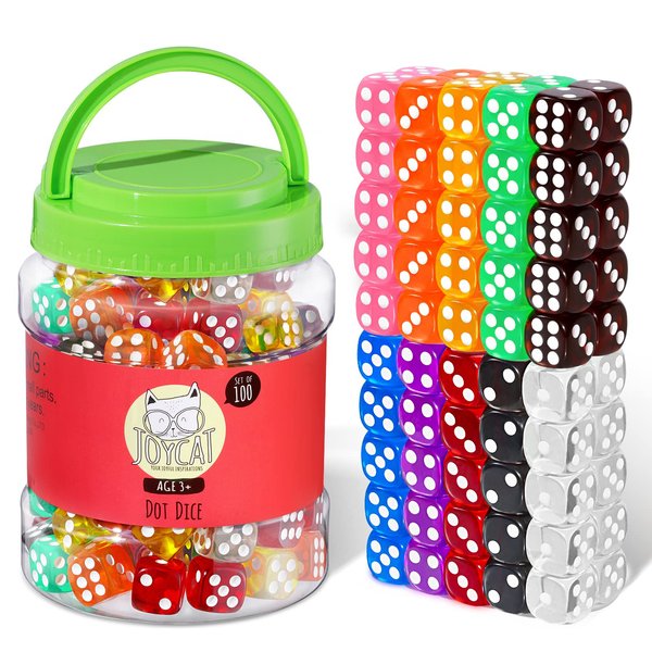 JoyCat 16mm 6 Sided Dice Set Standard Game Dice Kids for Board Games Dice Games Math Dice for Classroom with Storage Bucket (50, Translucent)
