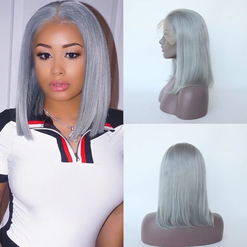 Aprilhair Pre-plucked Grey Bob Lace Front Wigs Straight Glueless 130% Density Short Cut Brazilian Virgin Human Hair With Baby Hair Full And Thick Free Part (8 Inch, Grey Color)