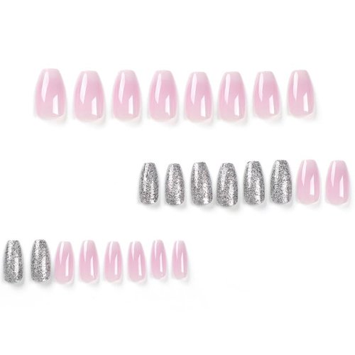 BAOYAALIN French Gradient Pink White Press on Nails Short Medium Coffin Ombre Fake Nails with Glitter Design Glue on Nails for Women Girls Acrylic Ballerina False Nails Stick on Nail for Wedding 24Pcs