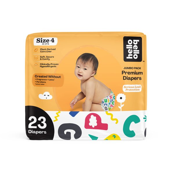 Hello Bello Premium Baby Diapers Size 4 I 23 Count of Disposeable, Extra-Absorbent, Hypoallergenic, and Eco-Friendly Baby Diapers with Snug and Comfort Fit I Alphabet Soup